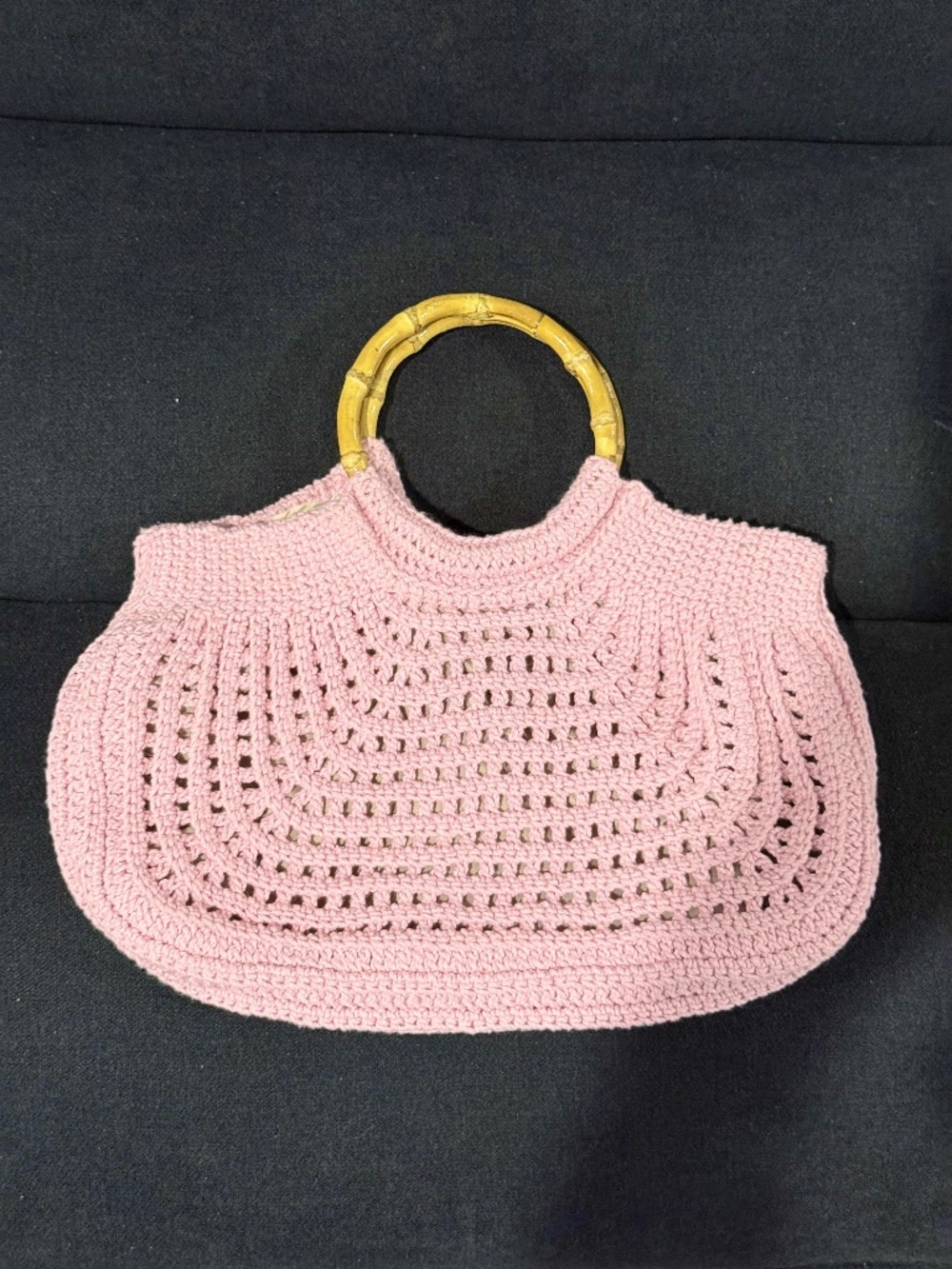 Handmade light pink crochet crescent handbag bamboo handle